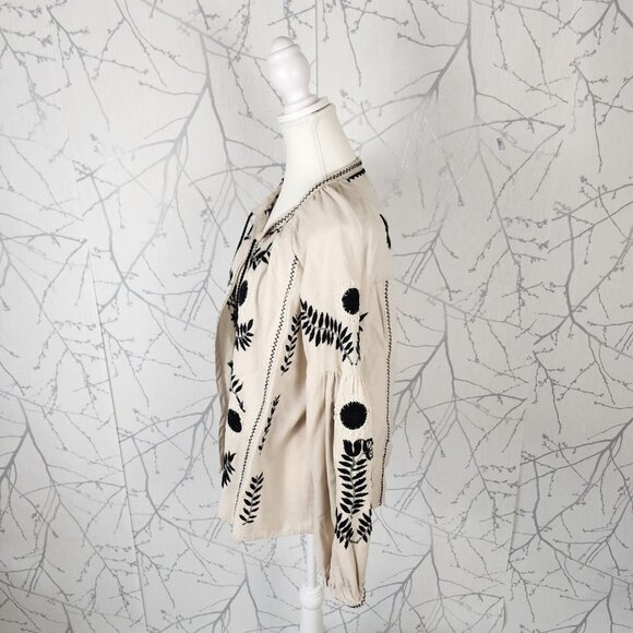 Zara Beige Floral Embroidered Cotton Linen Tassel Lantern Sleeve Jacket - Picture 4 of 8